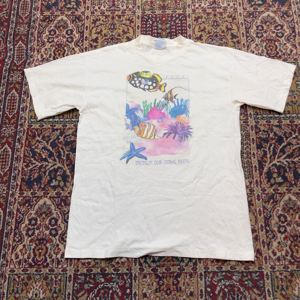 VTG 90s All Sport Kauai Protect Our Coral Reefs T-Shirt White Large Made in USA